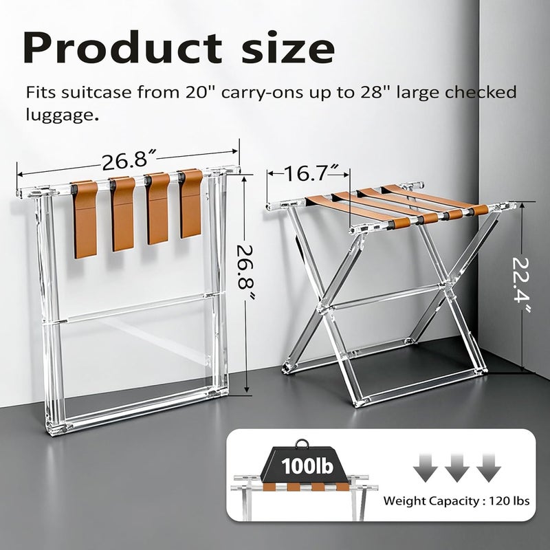 Verssure Acrylic Luggage Rack for Guest Room,Folding Luggage Rack with Leather Straps,Holds up to 120 lbs Suitcase Stand for Bedroom, Living Room and Hotel (Brown Leather) - Image 3